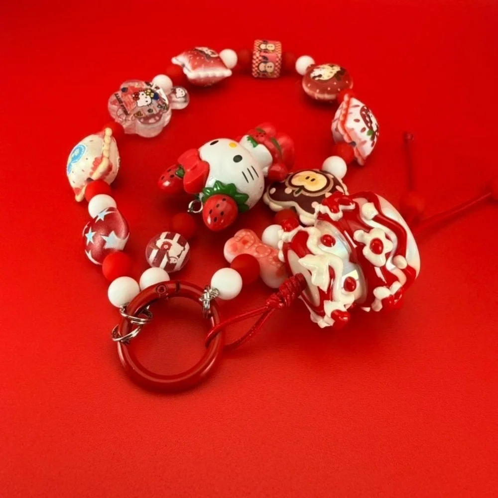 Handmade 3 Layered Red White HK Theme Cake Cat Phone Keychain Wristlet Bag Charm